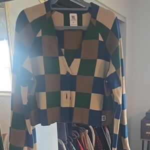Lucy & Yak Blue Green Tan Checkered Cardigan